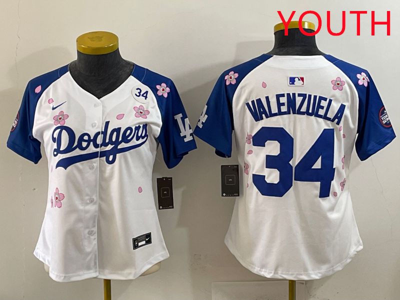 Youth Los Angeles Dodgers #34 Valenzuela White Blue Sakura Edition 2025 Nike MLB Jersey style 37